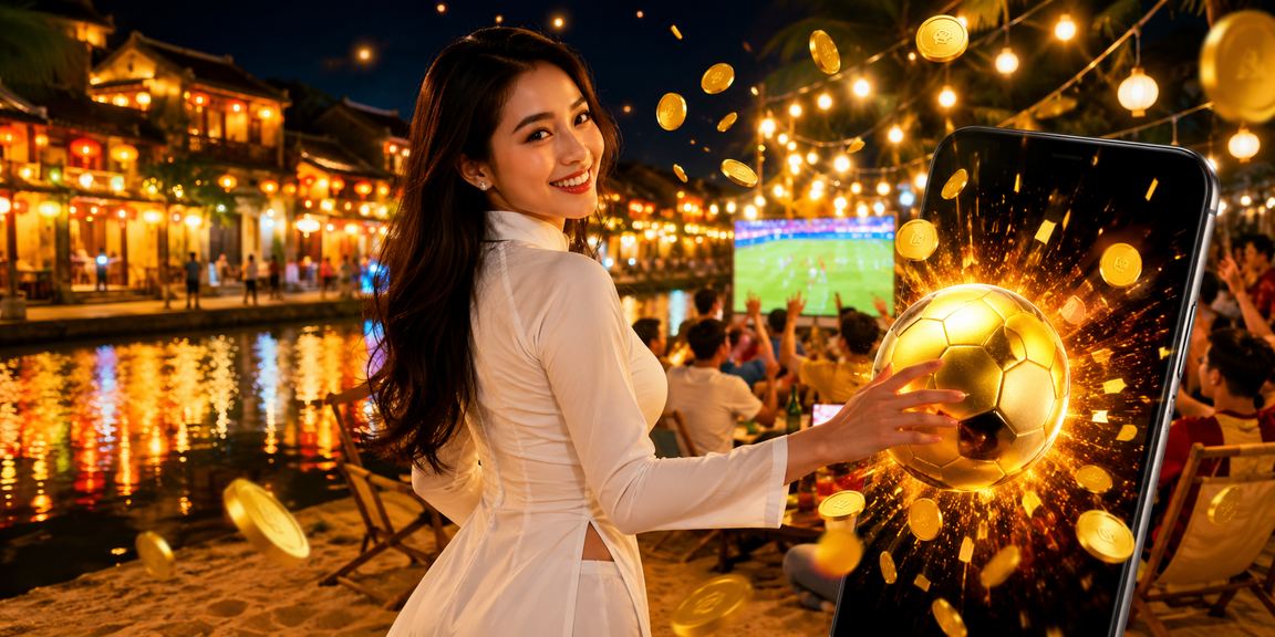 Người phụ nữ mặc áo dài tại Hội An xem thông tin cá cược bóng đá trên điện thoại