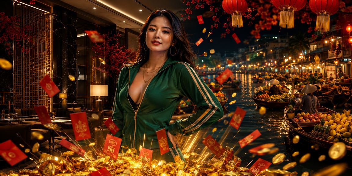 Khung cảnh vùng đồng bằng sông Cửu Long với đèn lồng và phong bì đỏ may mắn